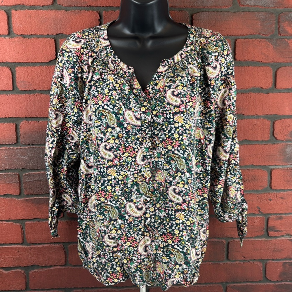 Krazy Kat Woman's Large Paisley Floral Quarter‎ Button Blouse – Multicolor, Boho